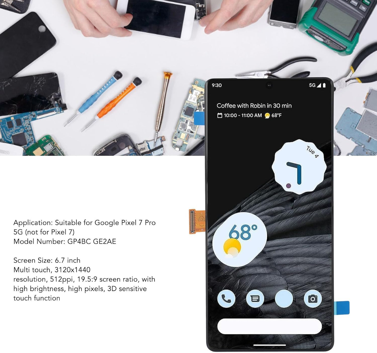 6.7 Inch Screen Replacement for Pixel 7 Pro GP4BC GE2AE, LED Touch LCD Display Digitizer Assembly, Complete Screen Assembly with Repair Tool
