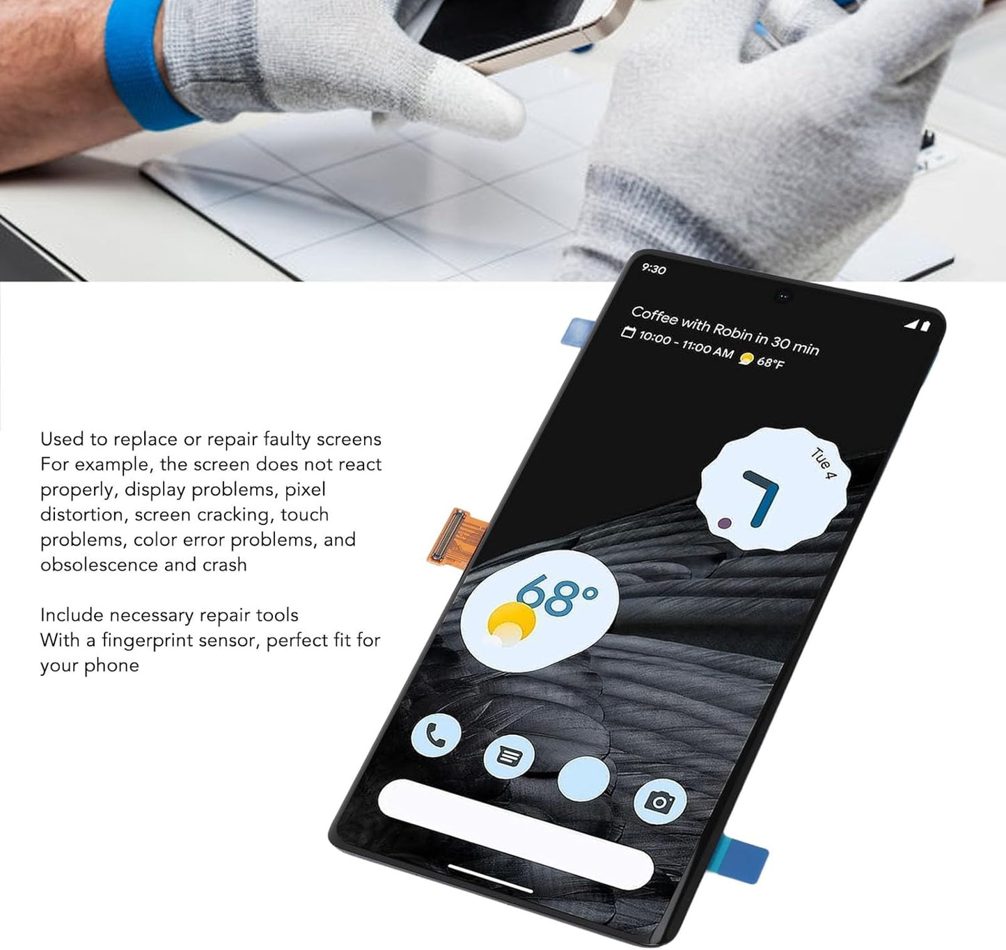 6.7 Inch Screen Replacement for Pixel 7 Pro GP4BC GE2AE, LED Touch LCD Display Digitizer Assembly, Complete Screen Assembly with Repair Tool
