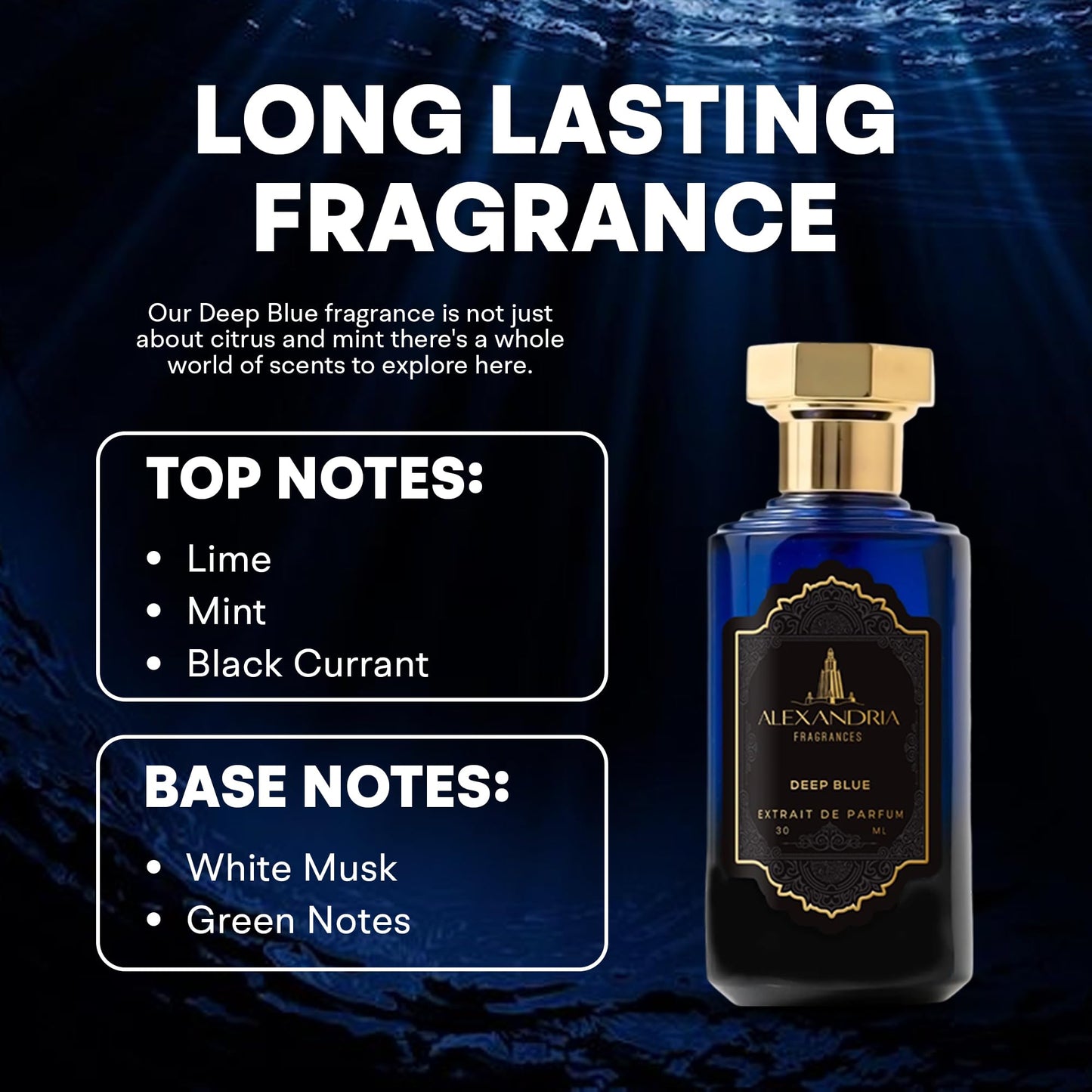 Alexandria Fragrances Deep Blue Perfume - Long Lasting Eau de Parfum for Men and Women - Fresh Citrus Parfum with Mint, Black Currant, Neroli and Musk - Luxury Men’s Cologne for Every Occasion - 10ml