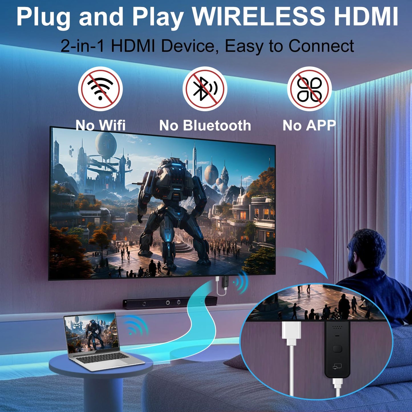 Wireless HDMI Display Dongle Adapter 2025, 1080P Plug & Play HDMI Extender Wireless Receiver for Smartphone/PC/Laptop to TV/Monitor/Projector, HD Streaming Video/Audio/File, Airplay & Miracast Support