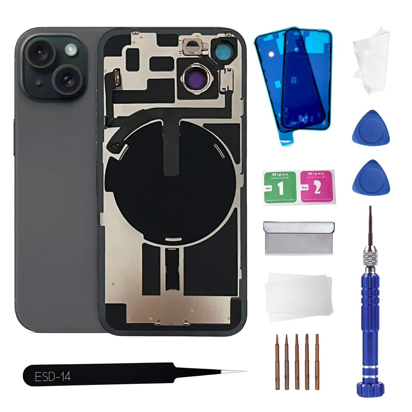 15 Back Glass Replacement with Wireless Charging Flex Cable and Camera Frame All Parts for iPhone 14 (6.1 Inch,Black) Replacement of Equipment Waterproof Tape