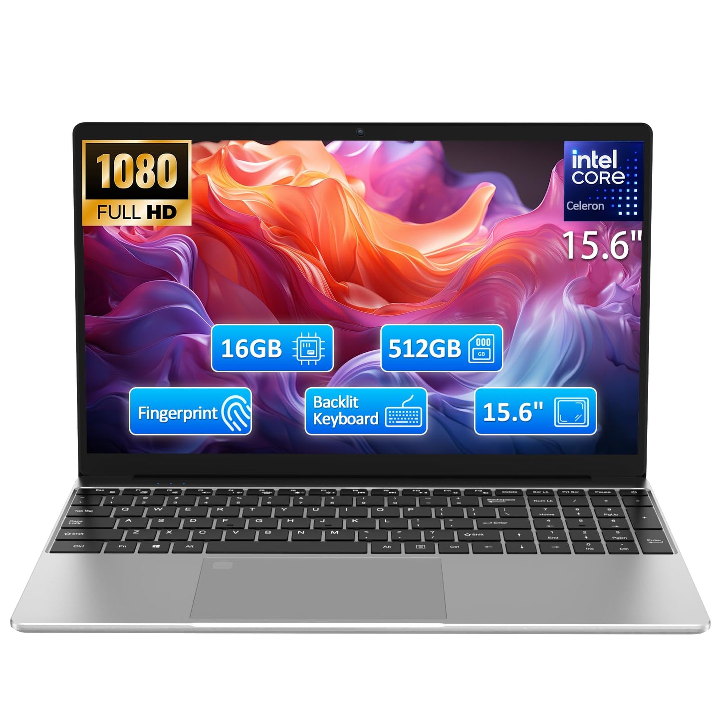 15.6" Student Laptop with Backlit Keyboard|16GB RAM 512GB SSD Laptop Computer|1920×1080 FHD Eye Protection Display|Fingerprint|38Wh Large Battery|180°Open Angle|WiFi|Webcam|BT 4.2|HDMI