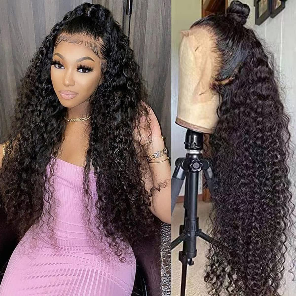 13x4 Lace Front Wigs Human Hair Pre Plucked 180 Density Brazilian Wet and Wavy Human Hair Wigs for Black Women Glueless Curly Lace Frontal Wig Natural Color (22 Inch)