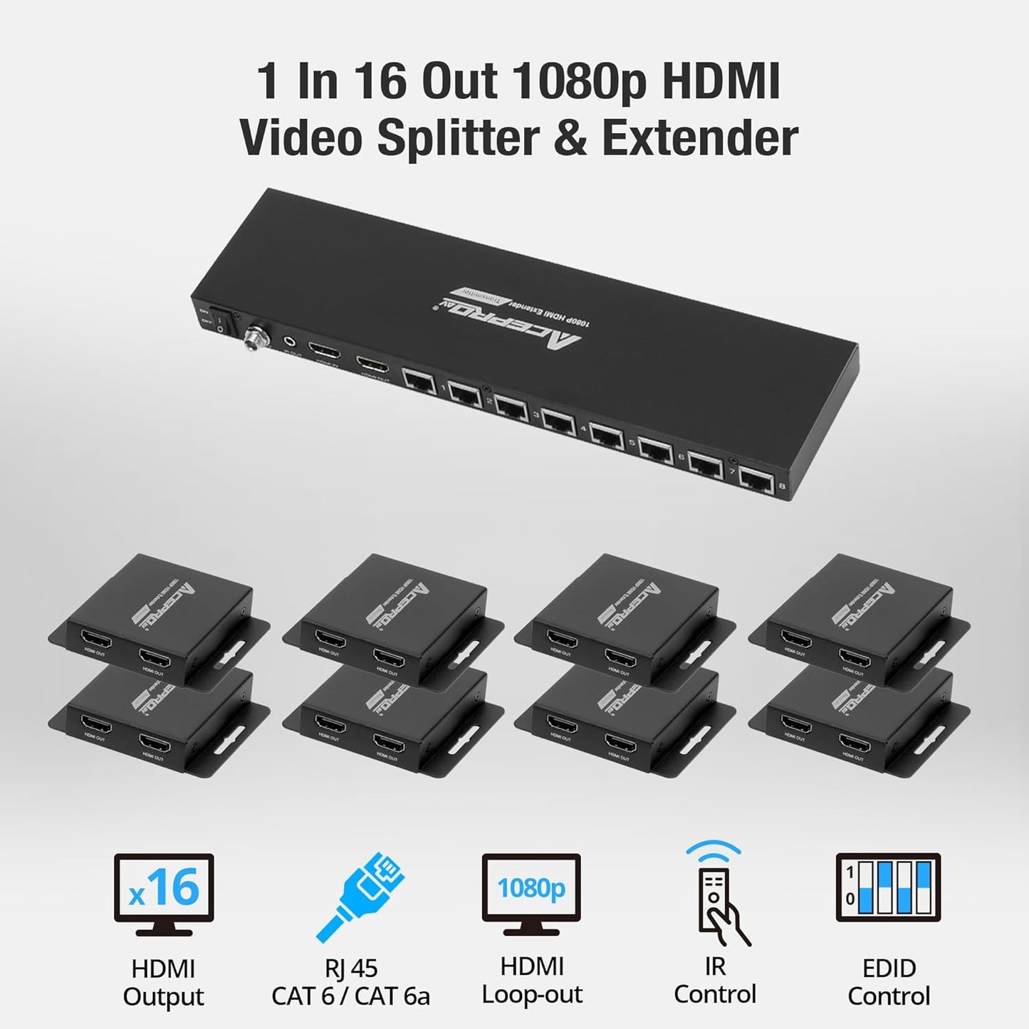 1080P 1x16 (8 Receivers) HDMI Splitter Over Cat6 Extender up to 164 Feet (50 Meters) for 16 Monitors and 1 Loop-Out Monitor (1 in 16 Out), IR Control and EDID Function