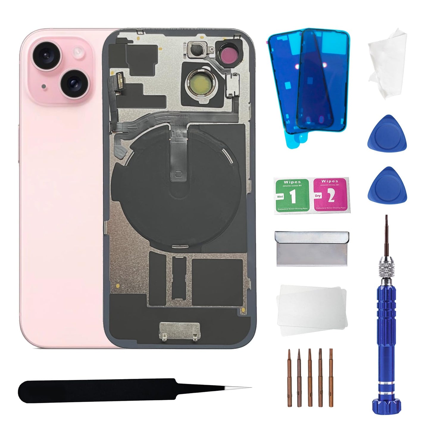15 Back Glass Replacement with Wireless Charging Flex Cable and Camera Frame All Parts for iPhone 14 (6.1 Inch,Black) Replacement of Equipment Waterproof Tape