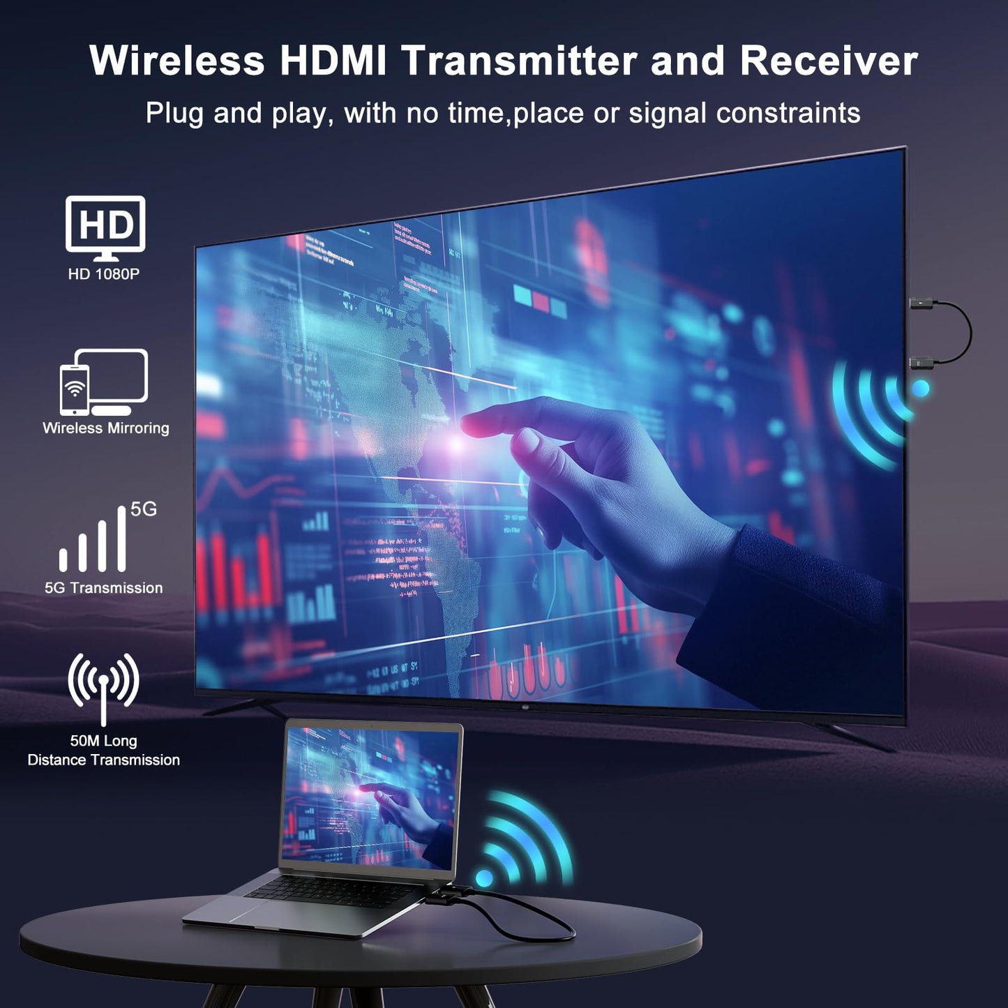 Wireless HDMI Transmitter and Receiver 4K Decode 1080P Output, HDMI Wireless Extender, Plug & Play, Support 2.4/5GHz for Streaming Video and Audio to Monitor from Laptop/Pc/Tv Box (Black)