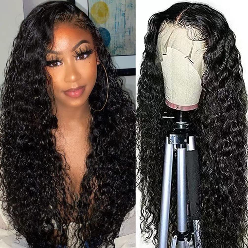 13x4 Lace Front Wigs Human Hair Pre Plucked 180 Density Brazilian Wet and Wavy Human Hair Wigs for Black Women Glueless Curly Lace Frontal Wig Natural Color (22 Inch)
