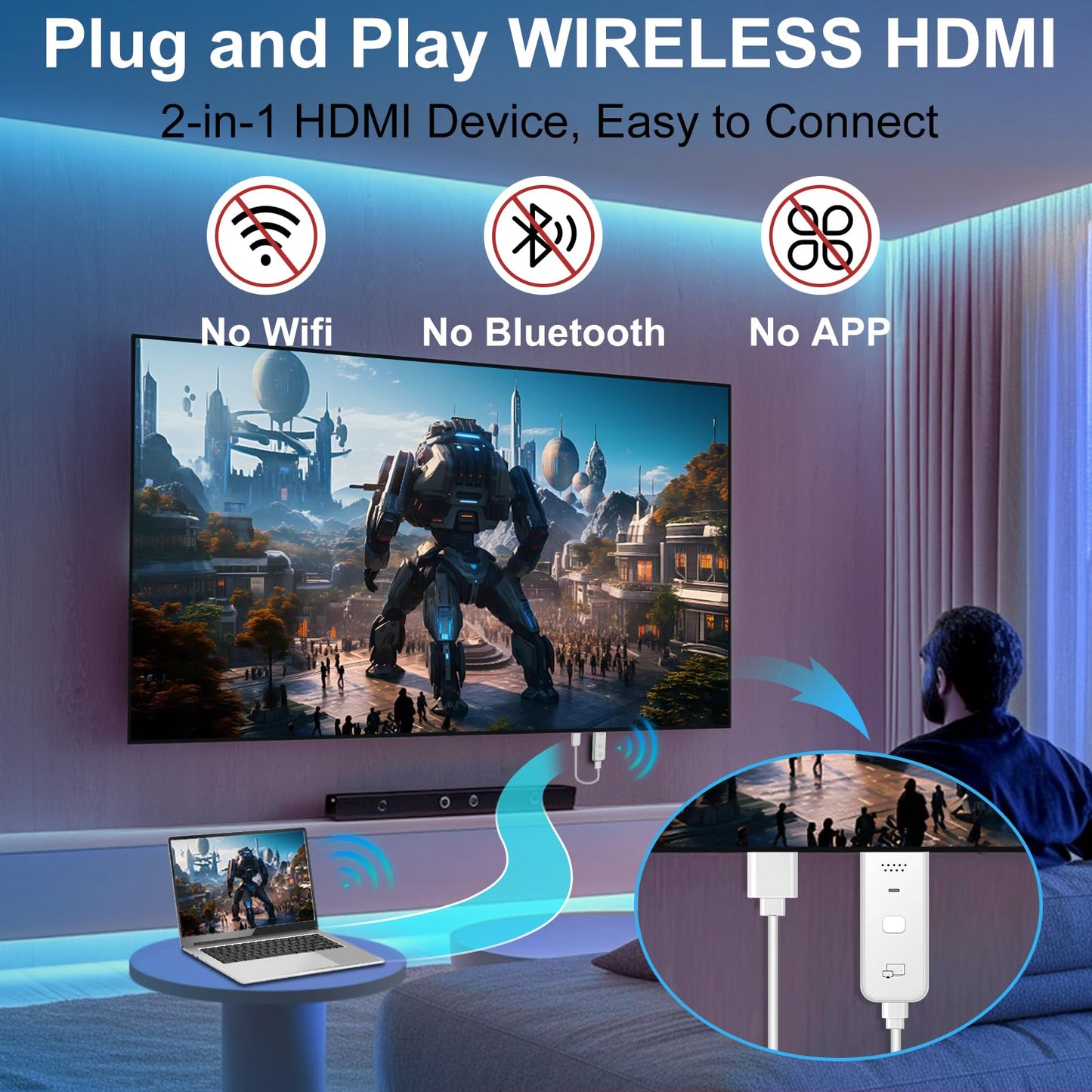 Wireless HDMI Display Dongle Adapter 2025, 1080P Plug & Play HDMI Extender Wireless Receiver for Smartphone/PC/Laptop to TV/Monitor/Projector, HD Streaming Video/Audio/File, Airplay & Miracast Support