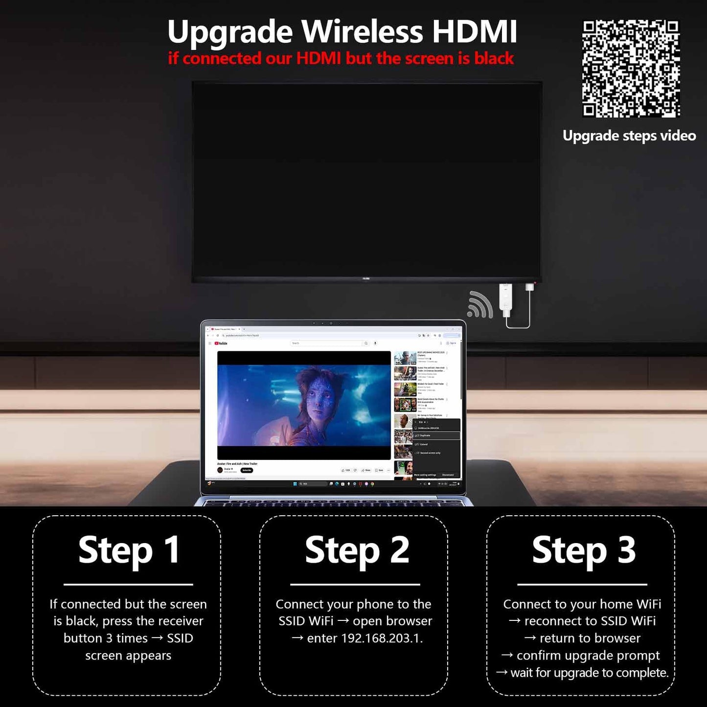 Wireless HDMI Display Dongle Adapter 2025, 1080P Plug & Play HDMI Extender Wireless Receiver for Smartphone/PC/Laptop to TV/Monitor/Projector, HD Streaming Video/Audio/File, Airplay & Miracast Support