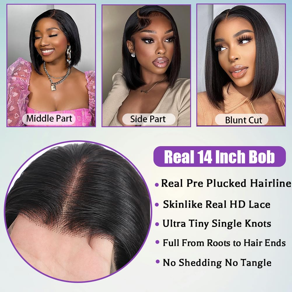 14 Inch Bob Wig Human Hair 13x6 Hd Transparent Lace Front Wigs Human Hair Pre Plucked Glueless Bob Wig 180% Density Short Straight Bob Wigs For Women