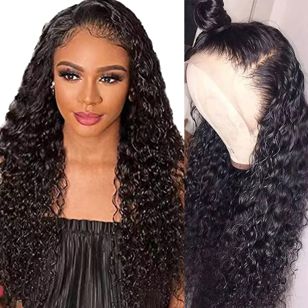 13x4 Lace Front Wigs Human Hair Pre Plucked 180 Density Brazilian Wet and Wavy Human Hair Wigs for Black Women Glueless Curly Lace Frontal Wig Natural Color (22 Inch)