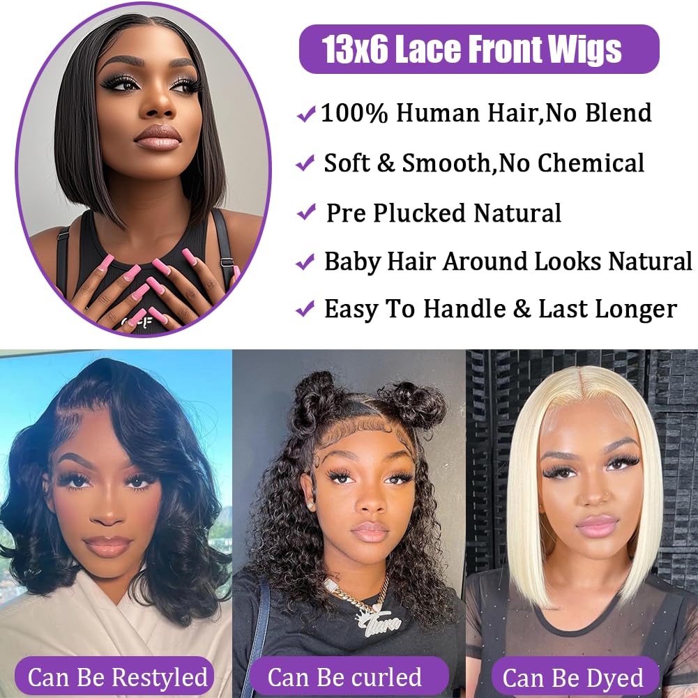 14 Inch Bob Wig Human Hair 13x6 Hd Transparent Lace Front Wigs Human Hair Pre Plucked Glueless Bob Wig 180% Density Short Straight Bob Wigs For Women