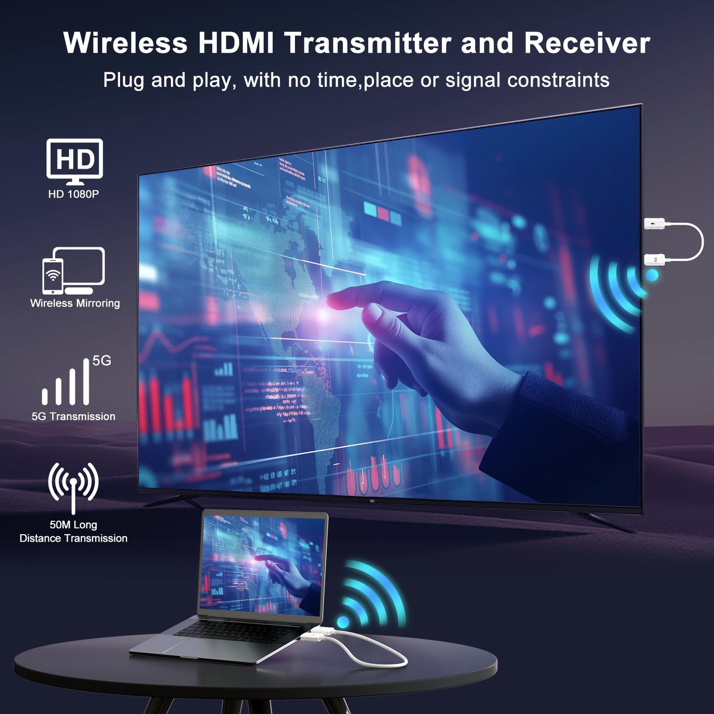 Wireless HDMI Transmitter and Receiver 4K Decode 1080P Output, HDMI Wireless Extender, Plug & Play, Support 2.4/5GHz for Streaming Video and Audio to Monitor from Laptop/Pc/Tv Box (Black)