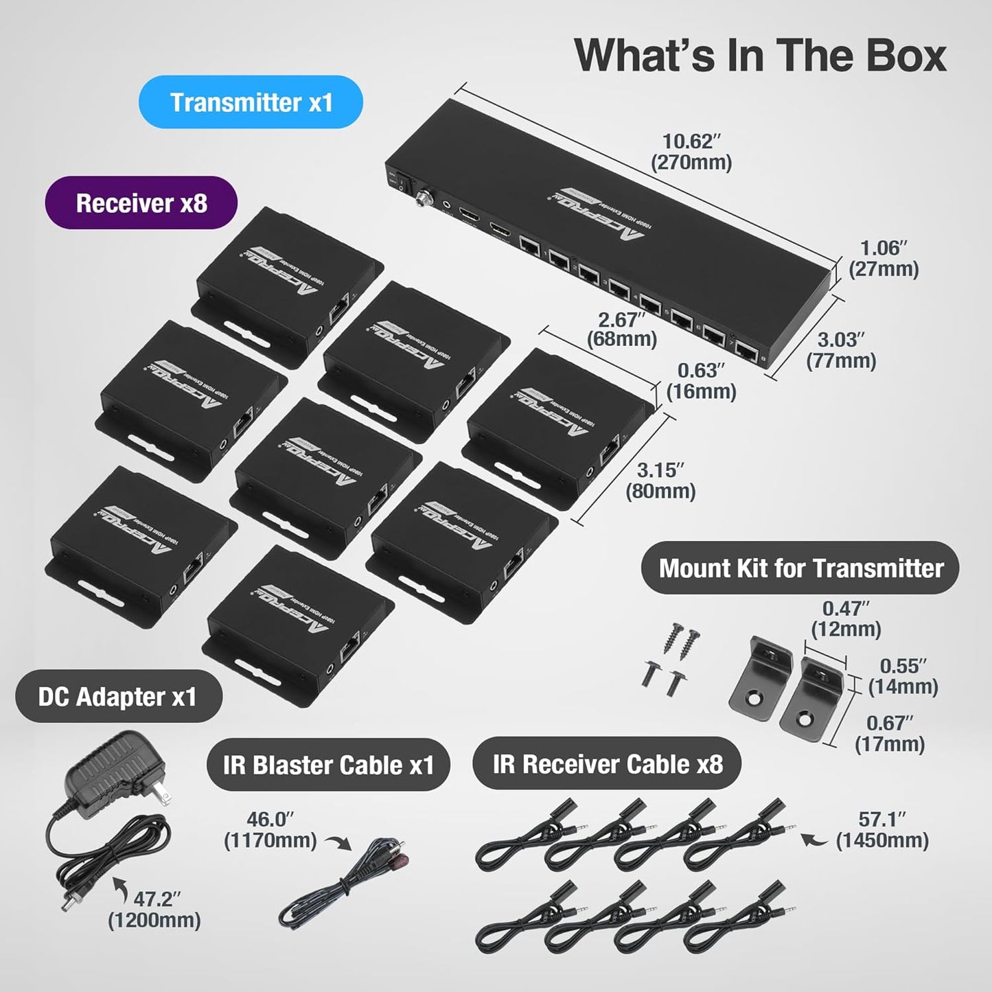 1080P 1x16 (8 Receivers) HDMI Splitter Over Cat6 Extender up to 164 Feet (50 Meters) for 16 Monitors and 1 Loop-Out Monitor (1 in 16 Out), IR Control and EDID Function