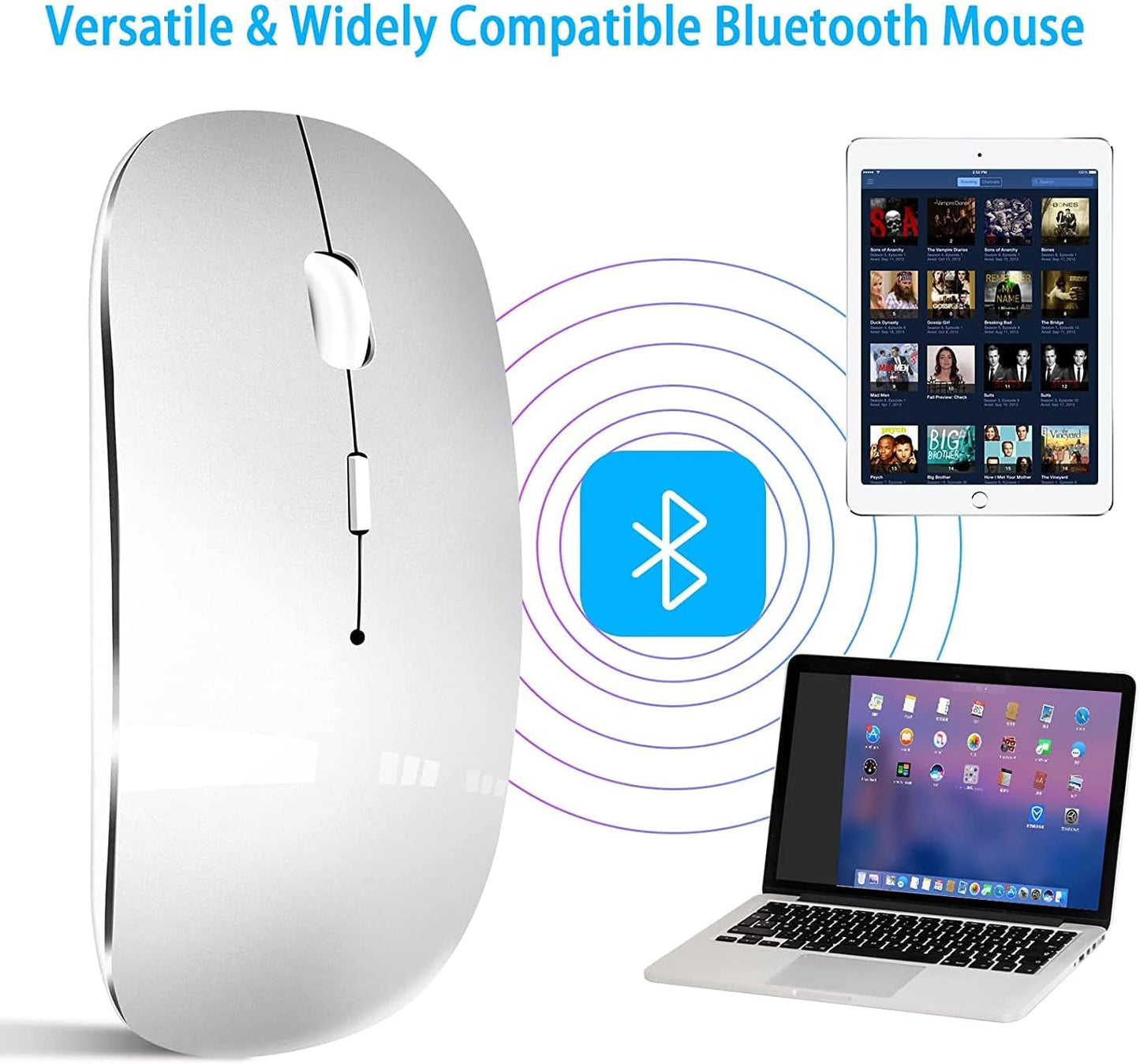 Wireless Mouse for Laptop, Bluetooth Mouse for MacBook Pro/Air/Mac/iPad/Chromebook/Computer -Rechargeale Dual Mode(USB 2.4Ghz + Bluetooth 5.2) Silent Cordless Mice with USB C Adapter,Silver