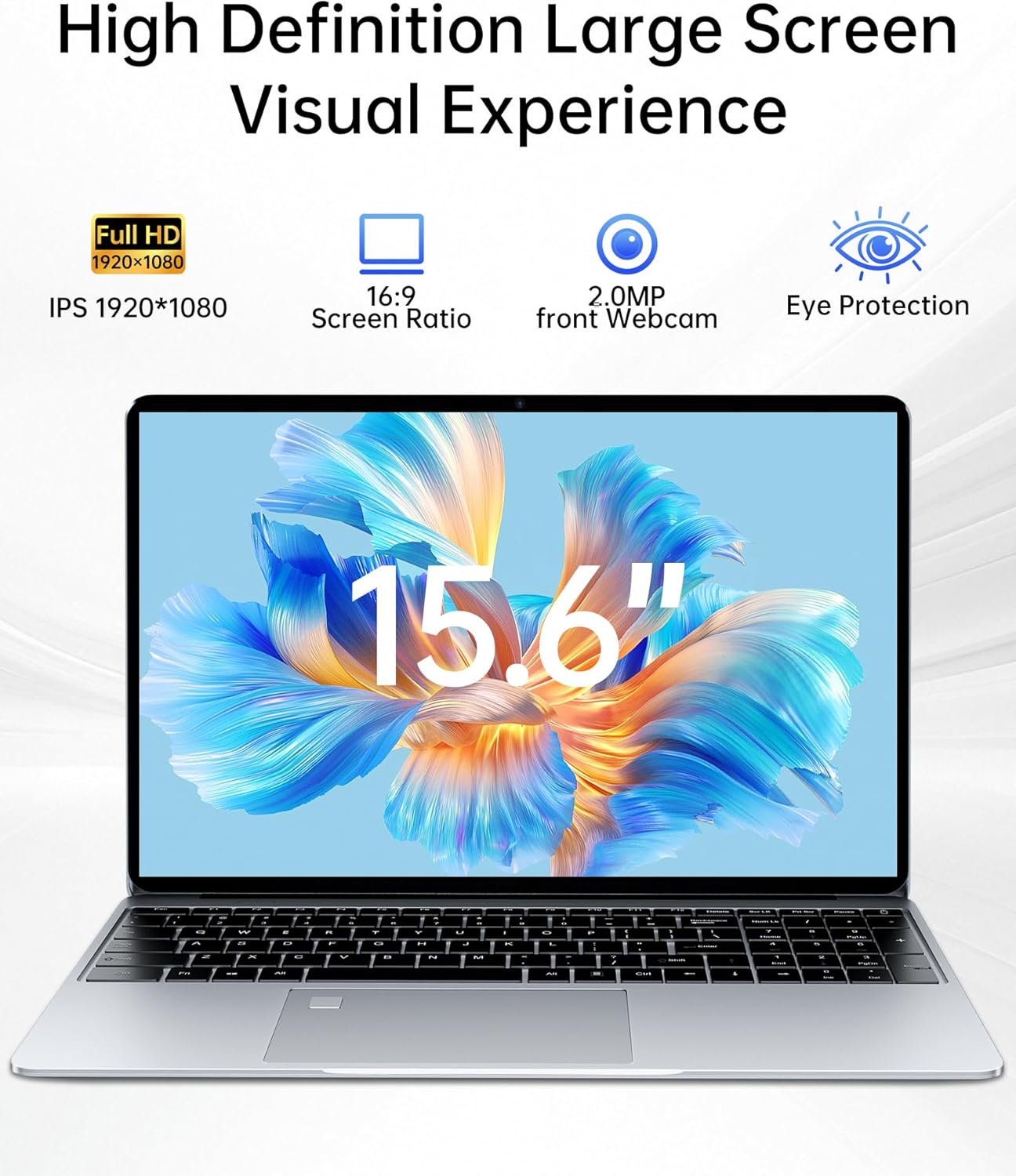 15.6“ 16GB RAM+512GB Laptop Computer, 4C4T N95 1.7-3.4GHz Win11 Notebook Computer, Fingerprint Reader, 8000mAh Battery PC, WiFi 2.4/5GHz, Bluetooth 4.2, Silver