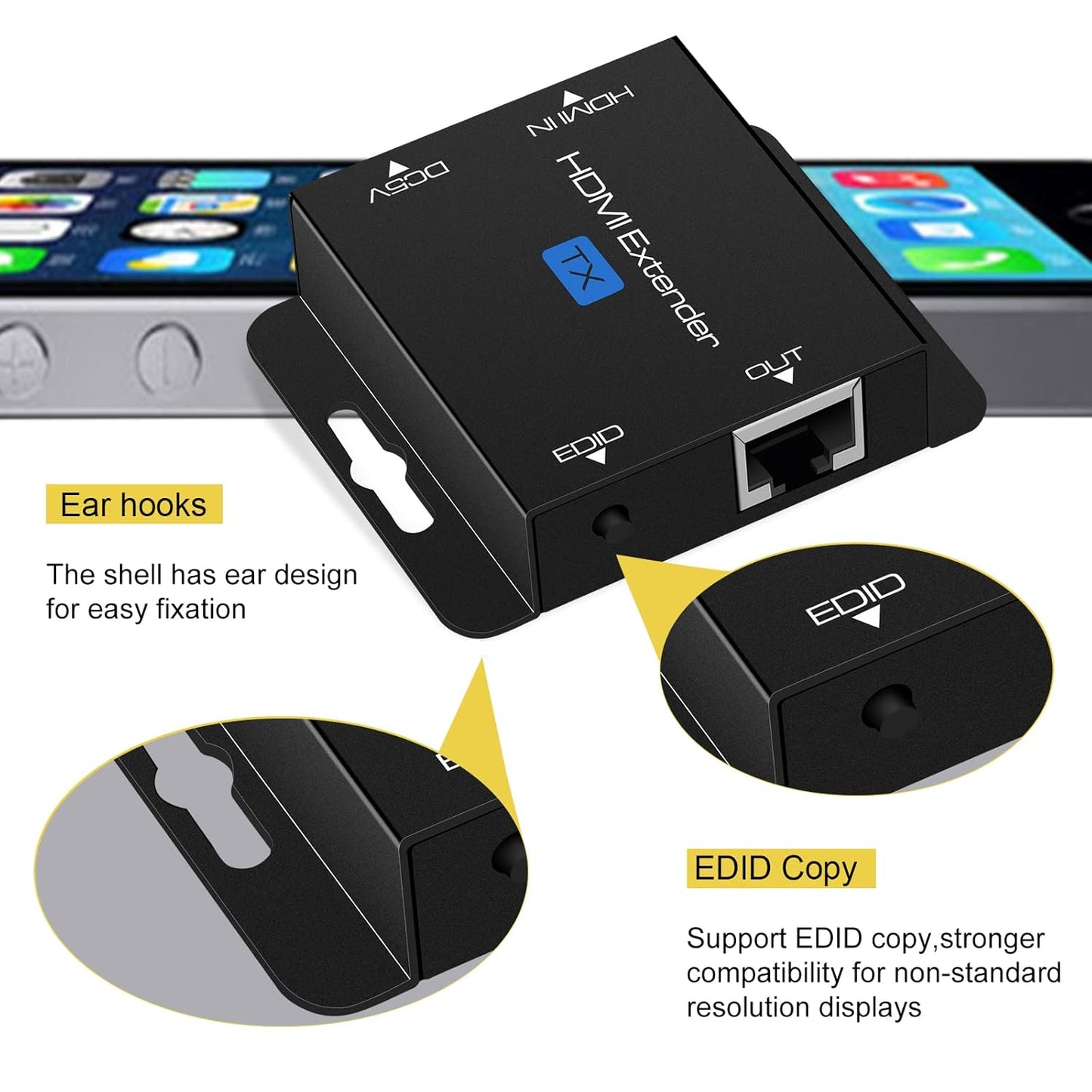 VPFET HDMI Extender Over Single Cat6 Ethernet up to 200Ft Repeater Balun Transmitter Receiver Power on Cat Support Full 1080p 3D HDCP EDID Copy from Displays
