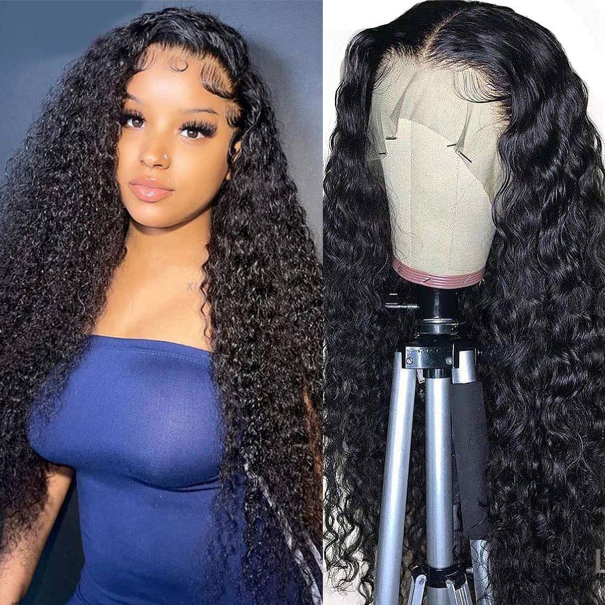 13x4 Lace Front Wigs Human Hair Pre Plucked 180 Density Brazilian Wet and Wavy Human Hair Wigs for Black Women Glueless Curly Lace Frontal Wig Natural Color (22 Inch)