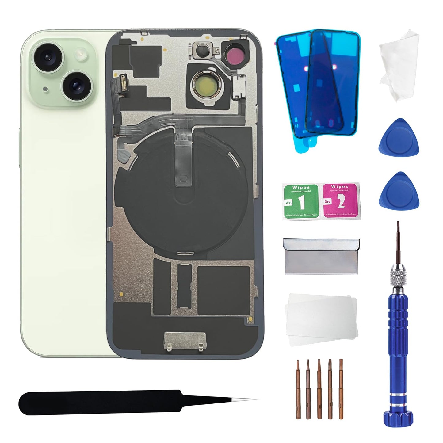 15 Back Glass Replacement with Wireless Charging Flex Cable and Camera Frame All Parts for iPhone 14 (6.1 Inch,Black) Replacement of Equipment Waterproof Tape
