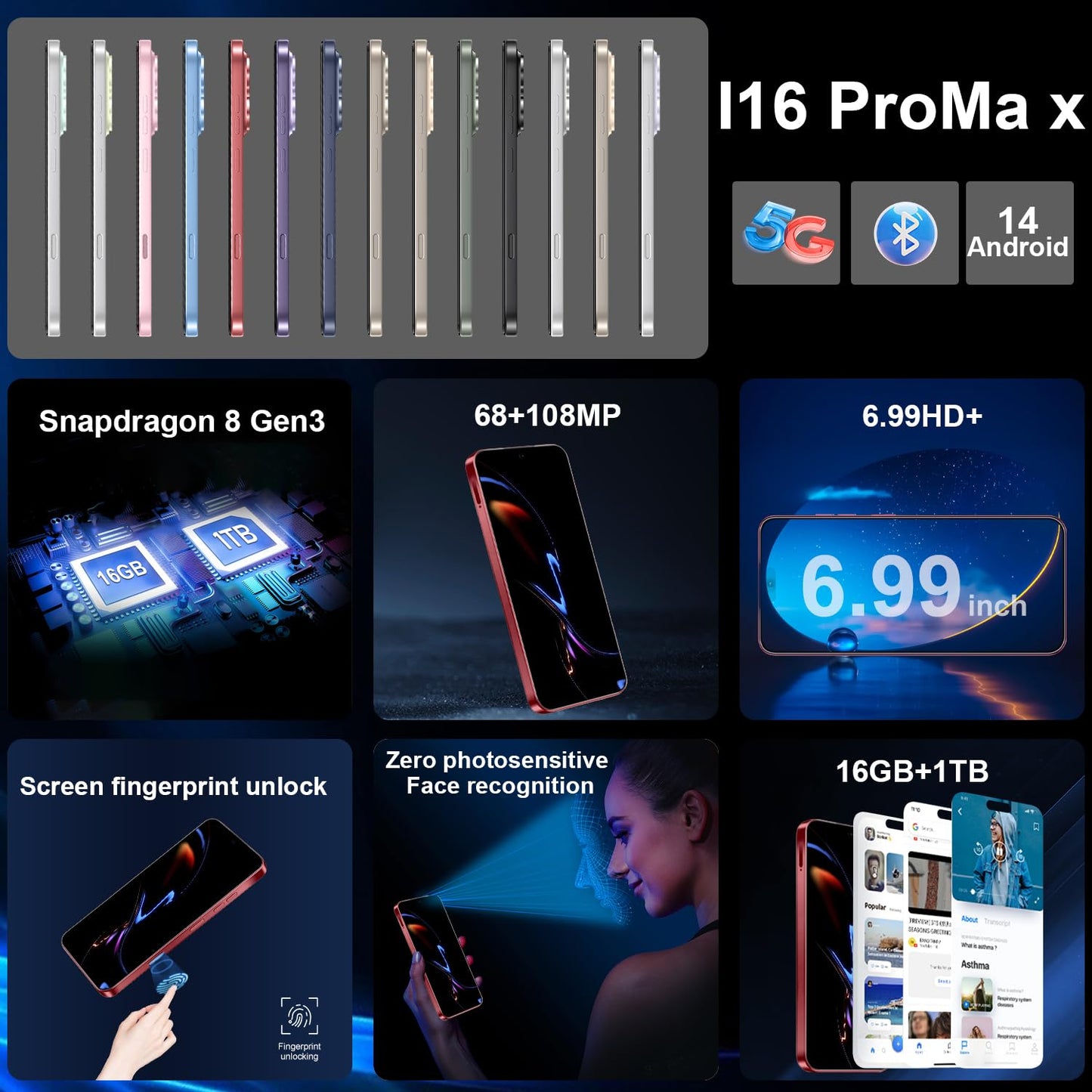 16PROMA X 16GB+1TB 6.99" HD Screen Smartphone Unlocked Cell Phone,Battery 7000mAh Unlocked The Phone, Android 14 Fingerprint Button Unlock/GPS/Dual SIM/5G/Face ID(Desert Titanium)