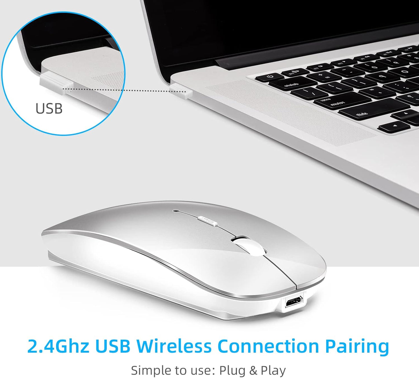Wireless Mouse for Laptop, Bluetooth Mouse for MacBook Pro/Air/Mac/iPad/Chromebook/Computer -Rechargeale Dual Mode(USB 2.4Ghz + Bluetooth 5.2) Silent Cordless Mice with USB C Adapter,Silver
