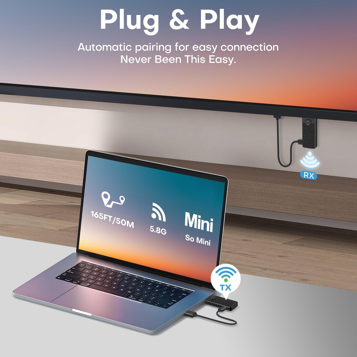 Wireless HDMI for Streaming,Transmitter and Receiver Kit, Built-in Antenna Low-Latency Transmission of 1080P HD Video Streams, 2.4/5.8GHz Dual-Band, Auto Pairing for PC/Laptop/TV/Monitor/Projector
