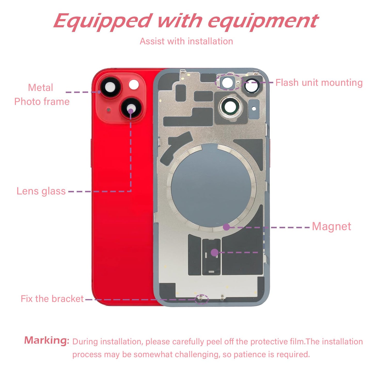 14 Back Glass Replacement with Metal Camera Frame &Magnet for iPhone 14(6.1-inch Red) & Includes Replacement Tools