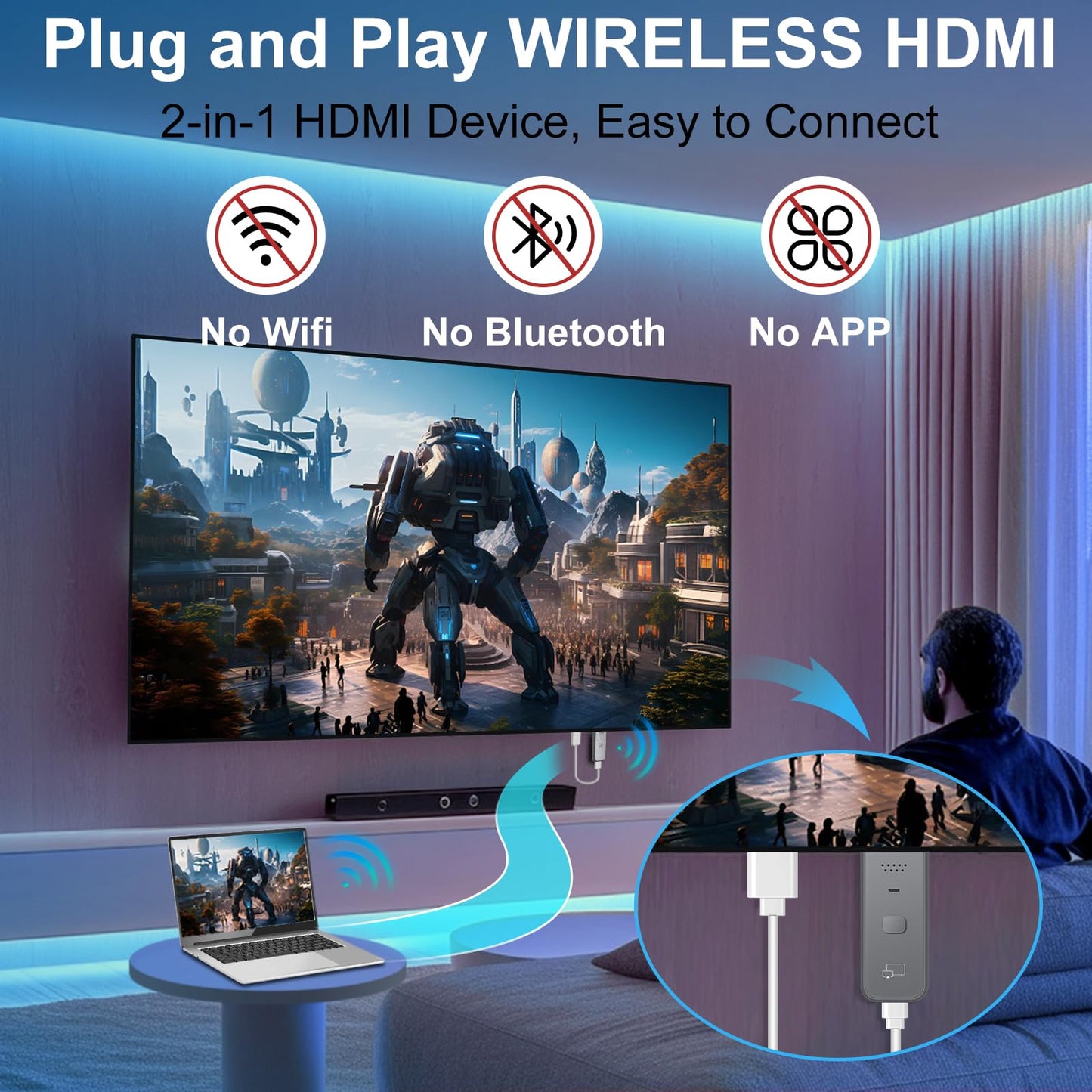 Wireless HDMI Display Dongle Adapter 2025, 1080P Plug & Play HDMI Extender Wireless Receiver for Smartphone/PC/Laptop to TV/Monitor/Projector, HD Streaming Video/Audio/File, Airplay & Miracast Support