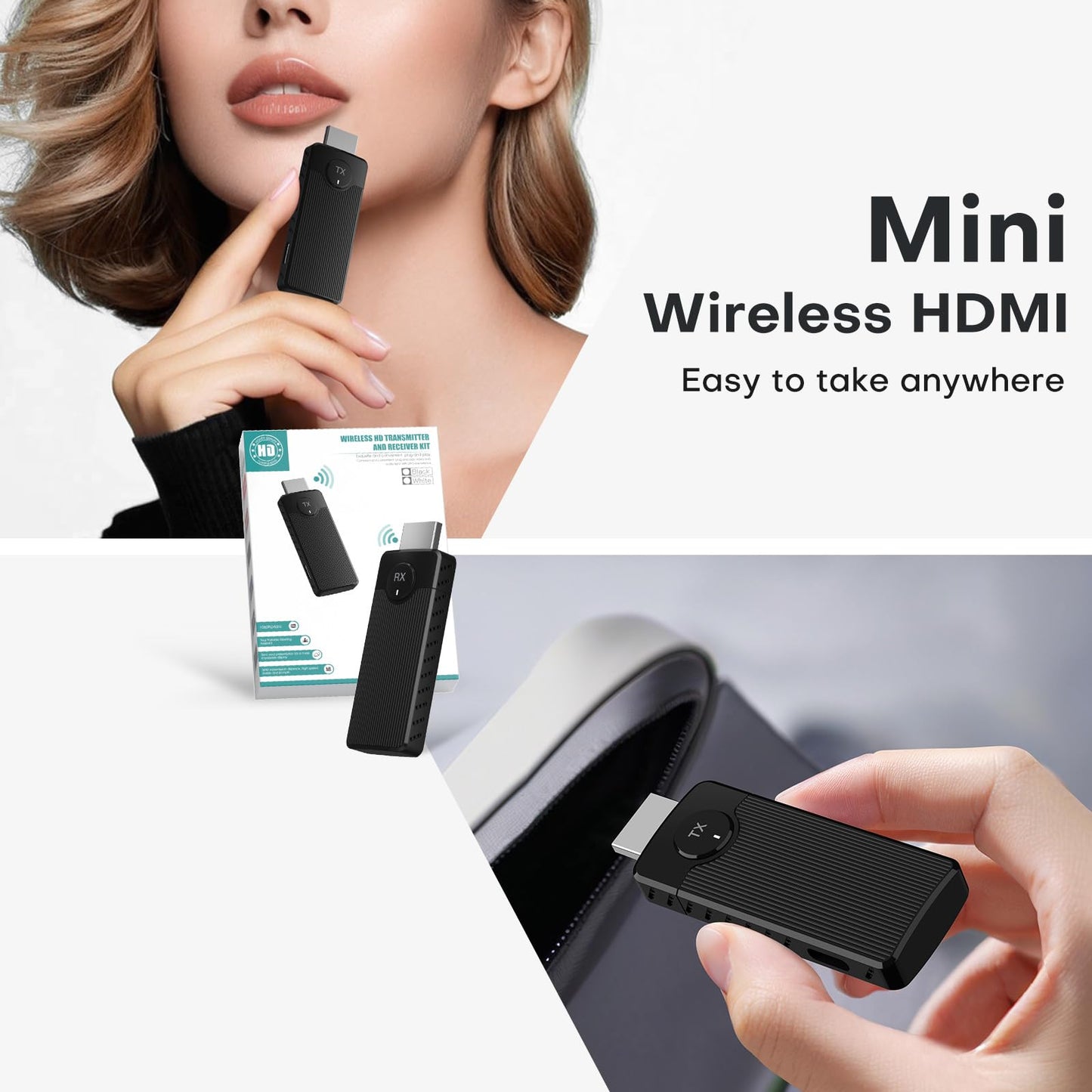 Wireless HDMI for Streaming,Transmitter and Receiver Kit, Built-in Antenna Low-Latency Transmission of 1080P HD Video Streams, 2.4/5.8GHz Dual-Band, Auto Pairing for PC/Laptop/TV/Monitor/Projector