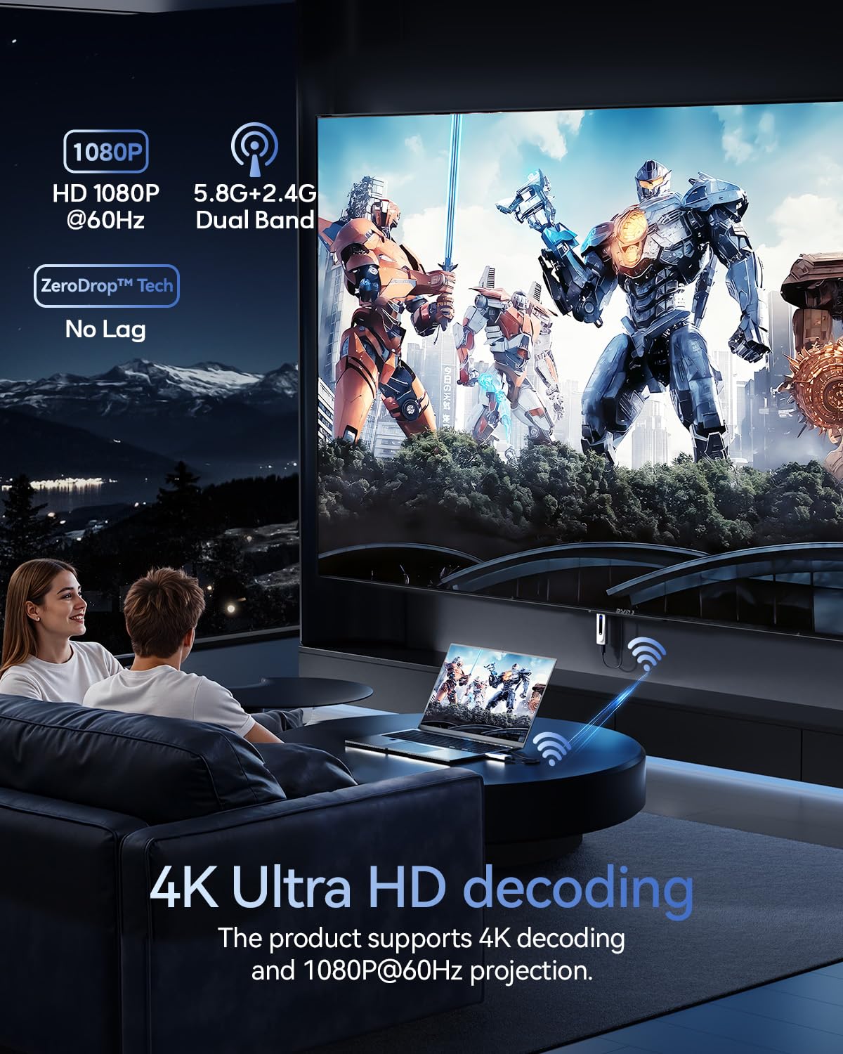 2025 Upgraded Wireless HDMI Transmitter and Receiver 328FT/100M, Plug & Play Portable 5G+2.4G Wireless HDMI Extender Kit for 4K Decode Input 1080P Output, for Audio to Monitor from Laptop/TV Box