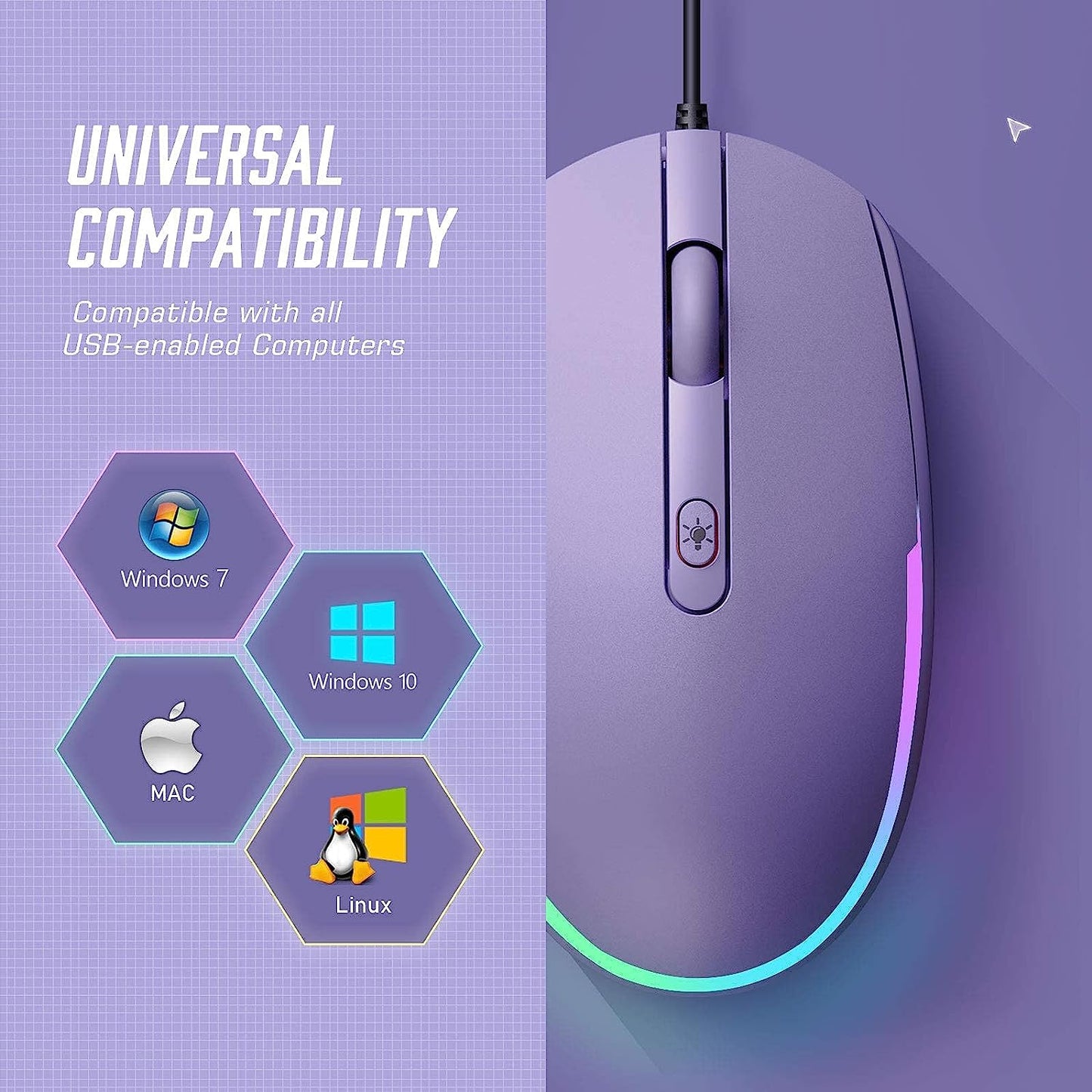 USB Wired Optical Mouse with RGB Backlighting and Attached Cord for Laptops and Chromebooks - Purple