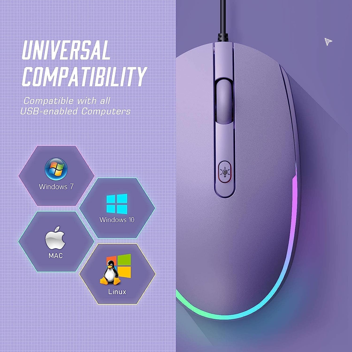 USB Wired Optical Mouse with RGB Backlighting and Attached Cord for Laptops and Chromebooks - Purple