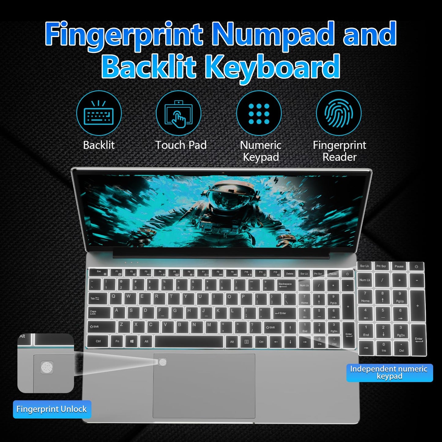 15.6" Student Laptop with Backlit Keyboard|16GB RAM 512GB SSD Laptop Computer|1920×1080 FHD Eye Protection Display|Fingerprint|38Wh Large Battery|180°Open Angle|WiFi|Webcam|BT 4.2|HDMI