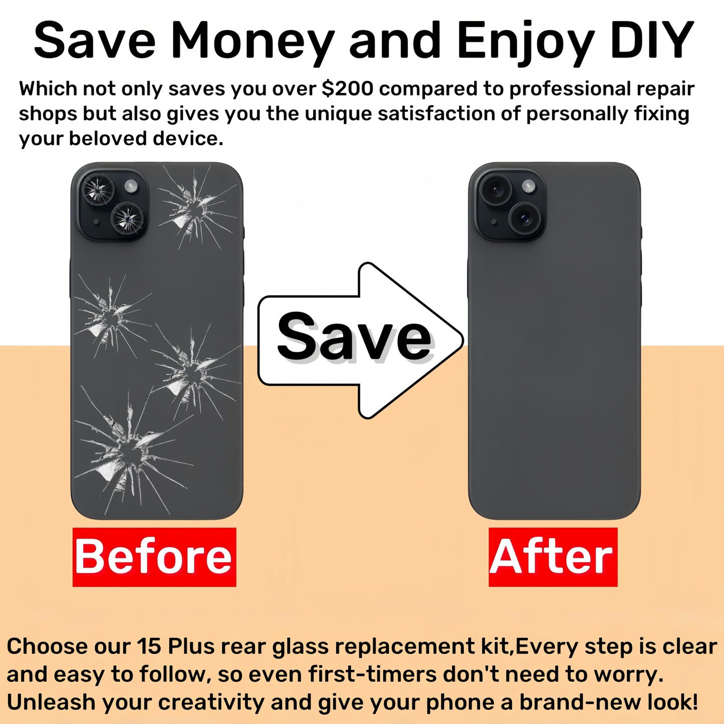 15 Plus Back Glass Replacement for iPhone 15 Plus Rear Back Cover Glass with Waterproof and Camera Lens+Professional Repair Tool Kit (Black)