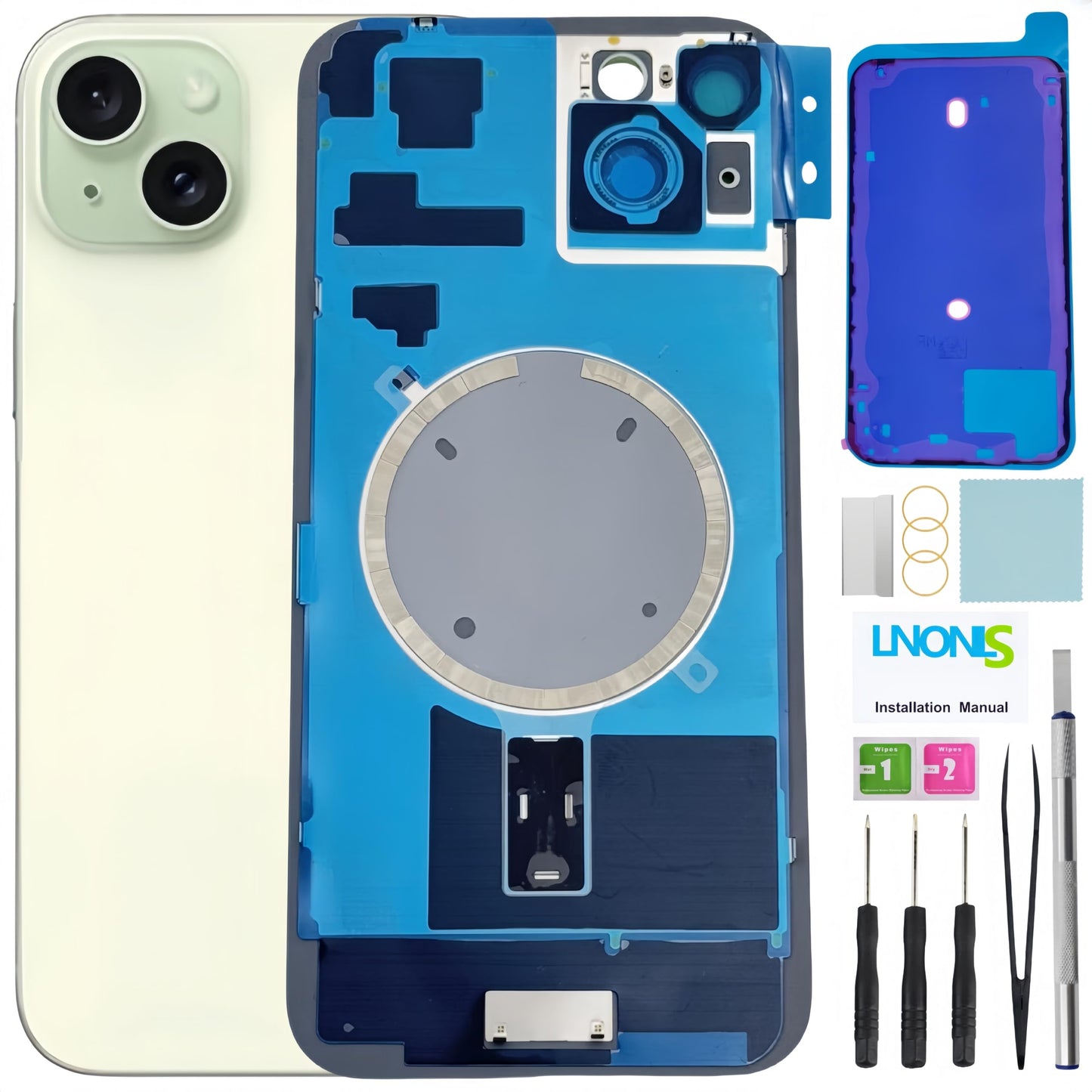 15 Plus Back Glass Replacement for iPhone 15 Plus Rear Back Cover Glass with Waterproof and Camera Lens+Professional Repair Tool Kit (Black)