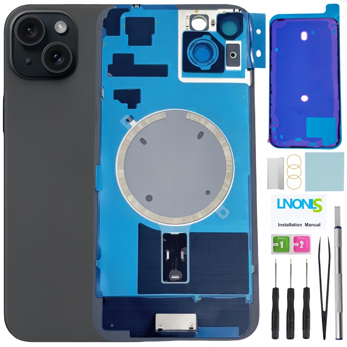 15 Plus Back Glass Replacement for iPhone 15 Plus Rear Back Cover Glass with Waterproof and Camera Lens+Professional Repair Tool Kit (Black)