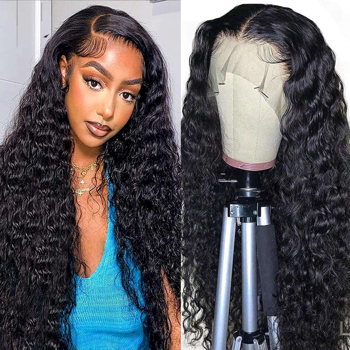 13x4 Lace Front Wigs Human Hair Pre Plucked 180 Density Brazilian Wet and Wavy Human Hair Wigs for Black Women Glueless Curly Lace Frontal Wig Natural Color (22 Inch)