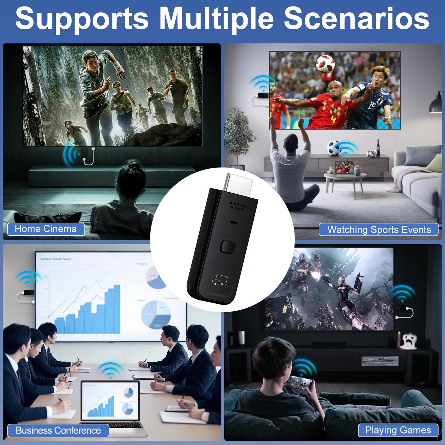 Wireless HDMI Display Dongle Adapter 2025, 1080P Plug & Play HDMI Extender Wireless Receiver for Smartphone/PC/Laptop to TV/Monitor/Projector, HD Streaming Video/Audio/File, Airplay & Miracast Support