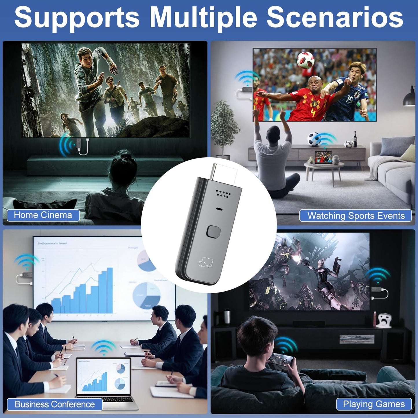 Wireless HDMI Display Dongle Adapter 2025, 1080P Plug & Play HDMI Extender Wireless Receiver for Smartphone/PC/Laptop to TV/Monitor/Projector, HD Streaming Video/Audio/File, Airplay & Miracast Support