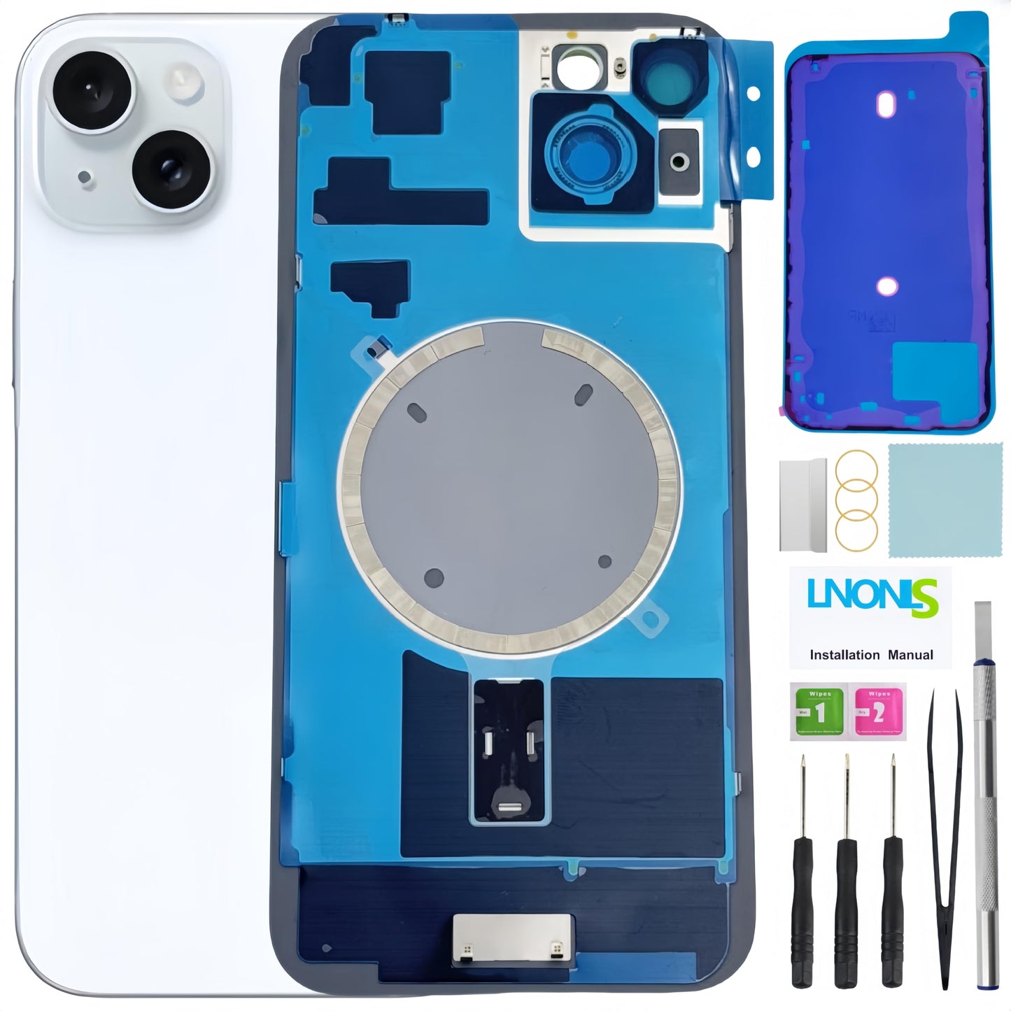 15 Plus Back Glass Replacement for iPhone 15 Plus Rear Back Cover Glass with Waterproof and Camera Lens+Professional Repair Tool Kit (Black)