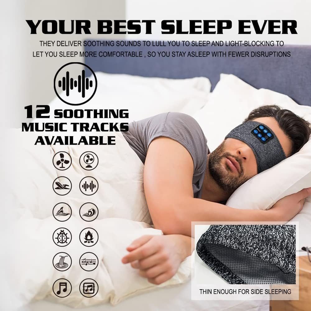 Wireless Bluetooth Sleep Headband with HD Stereo Speakers for Side Sleepers - Ideal for Running, Yoga, Meditation, and Travel - Grey Version 2021-09