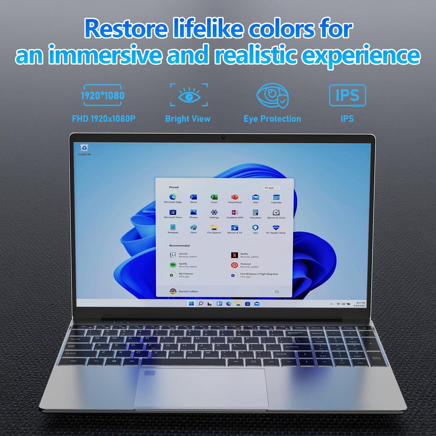 15.6" Student Laptop with Backlit Keyboard|16GB RAM 512GB SSD Laptop Computer|1920×1080 FHD Eye Protection Display|Fingerprint|38Wh Large Battery|180°Open Angle|WiFi|Webcam|BT 4.2|HDMI