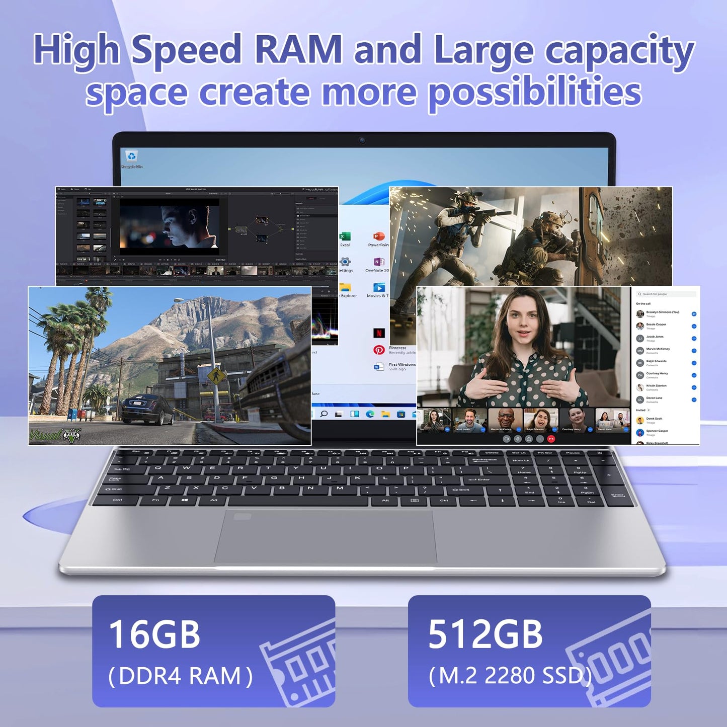15.6" Student Laptop with Backlit Keyboard|16GB RAM 512GB SSD Laptop Computer|1920×1080 FHD Eye Protection Display|Fingerprint|38Wh Large Battery|180°Open Angle|WiFi|Webcam|BT 4.2|HDMI