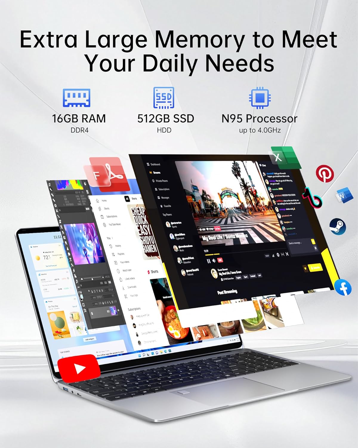 15.6“ 16GB RAM+512GB Laptop Computer, 4C4T N95 1.7-3.4GHz Win11 Notebook Computer, Fingerprint Reader, 8000mAh Battery PC, WiFi 2.4/5GHz, Bluetooth 4.2, Silver