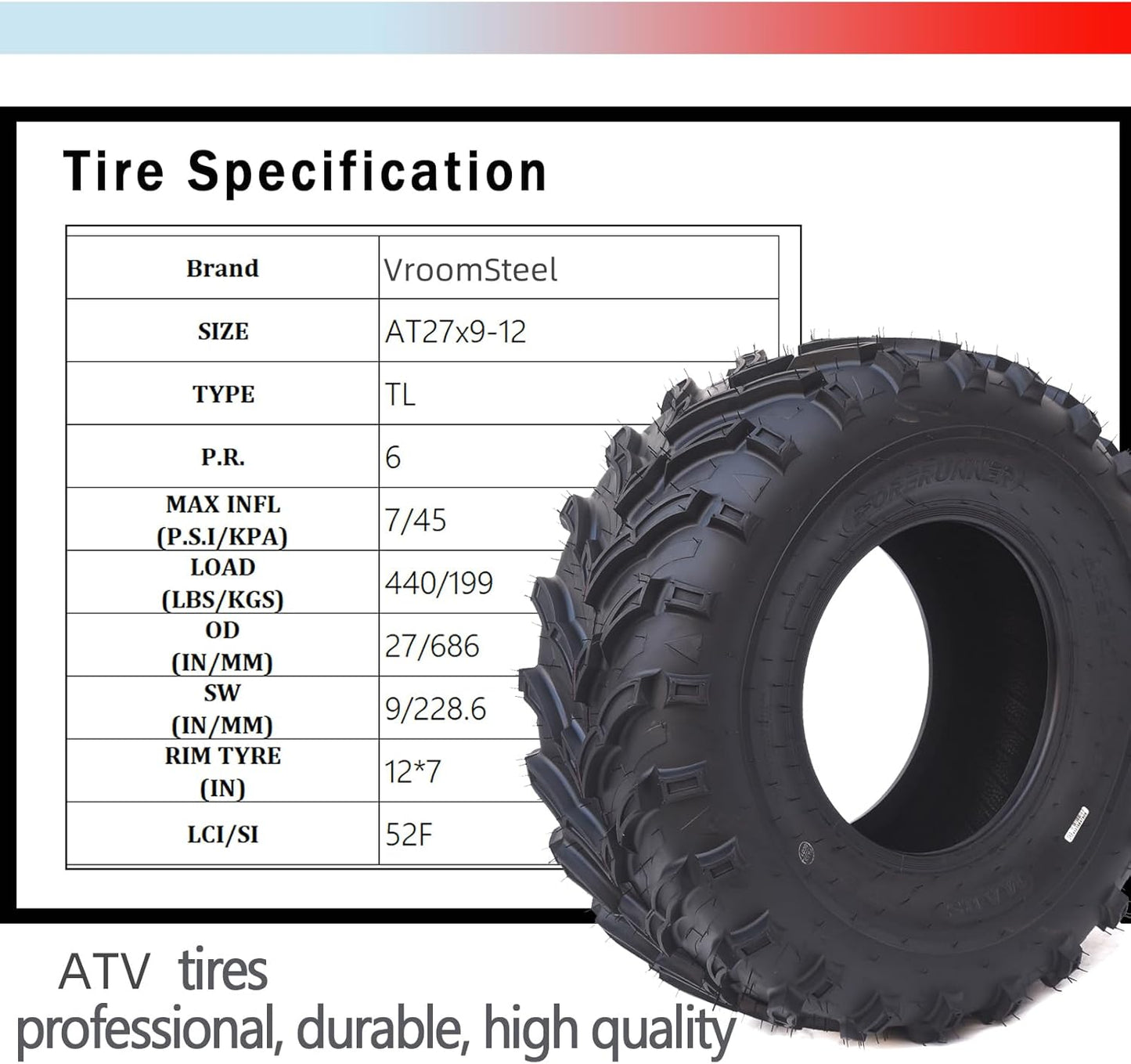 27X9-12 ATV Tires 27X9-12 UTV Tire - ATV/UTV Tires, All-Terrain Tires, Off-Road Tires, Mud/Trail Tires, Tubeless (Set of 2)