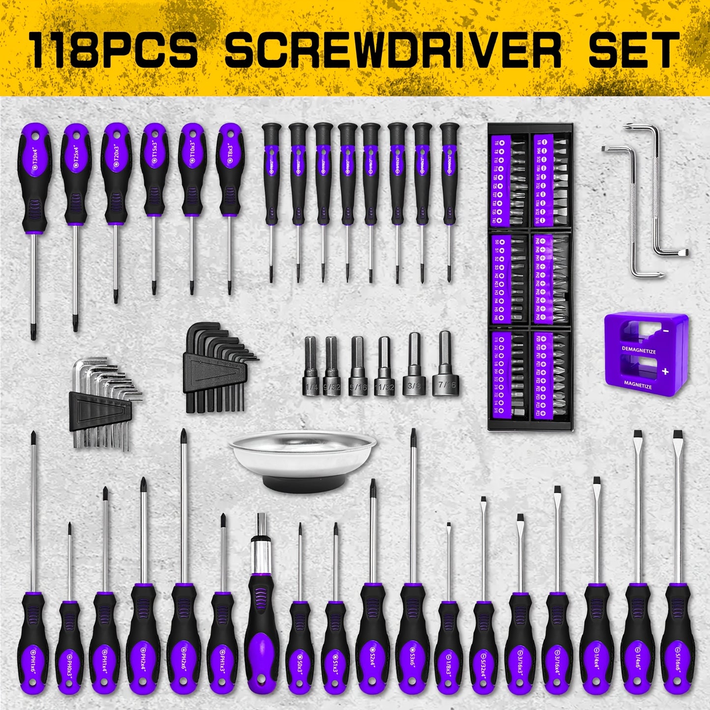 118pcs Magnetic Screwdriver Set with Plastic Rack And Magnetic Tool Bowl, Chrome Vanadium Steel, Multi-size for Electronics And Precision Work, Non-Slip Rubber Handles, Durable Metal Construction.(Purple)