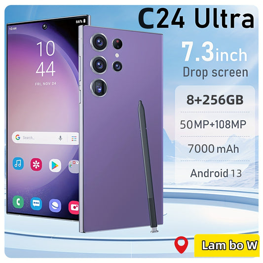 8GB+256GB C24 Ultra 5G Android Smartphone - 7.3" Display, 50MP+108MP Camera, 7000mAh Battery, Dual SIM, Built-in Stylus Pen, Unlocked Cell Phone For Global Use