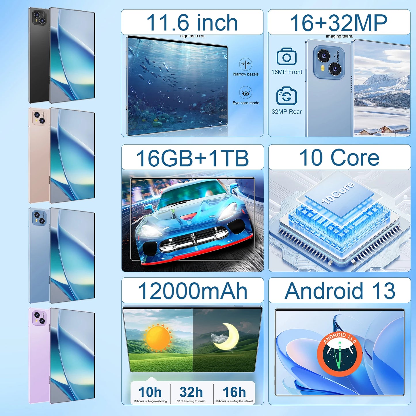 2025 New 11.6 inch Network Android 13.0 Tablet 16GB RAM 1TB ROM 16MP 32MP 10 Core 12000mAh tablet 4 5G Wifi Tablet