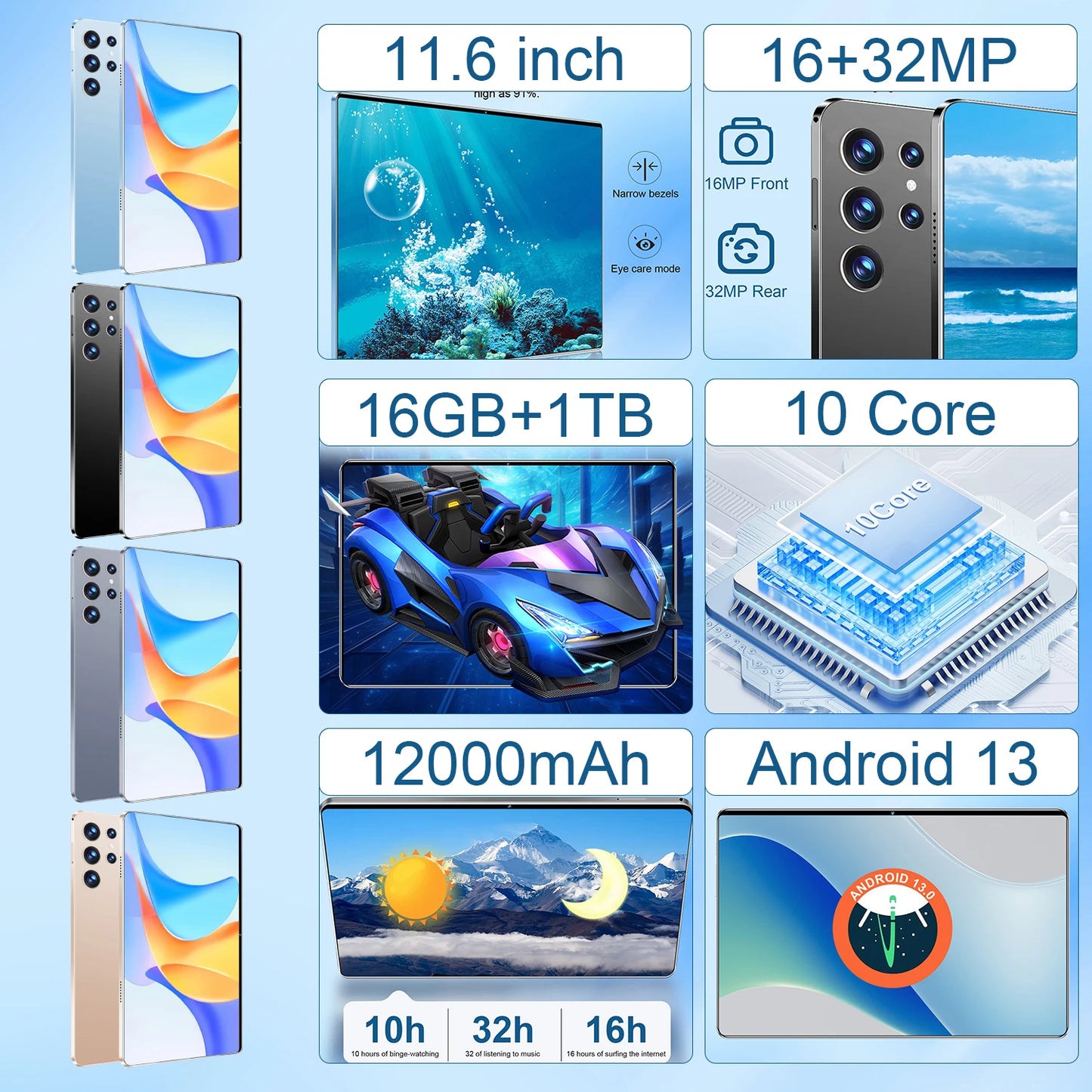 2025 New 11.6 inch Network Android 13.0 Tablet 16GB RAM 1TB ROM 16MP 32MP 10 Core 12000mAh tablet 4 5G Wifi Tablet