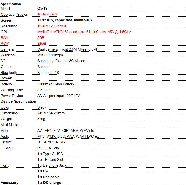 10 INCH 2GB RAM 32GB ROM Tablet PC Q5-19 Android 9.0 MTK8163 Quad-Core 64-Bit 1920 x 1200 Pixels Dual Camera
